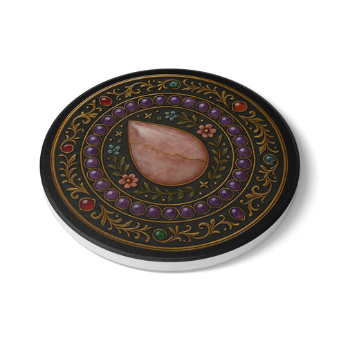 Round ceramic drink coaster featuring a detailed rose quartz-inspired teardrop surrounded by floral and gemstone baroque patterns. Black background with jewel-toned accents and gold scrollwork. The coaster has a non-slip cork base and measures approximately 4 inches in diameter. Perfect for hot or cold beverages, this witchy decor piece enhances any coffee cart, altar, or side table. Suitable for use in whimsigoth, gothic, or celestial-themed spaces.